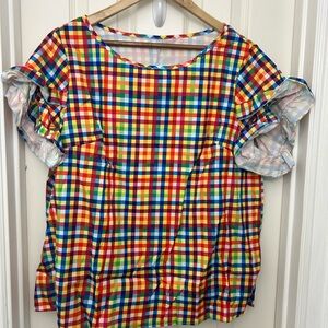 SHEIN Multicolor Plaid Ruffle Sleeve Blouse